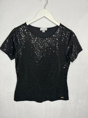 Calvin Klein Black Sequin Geometric Short Sleeve Top